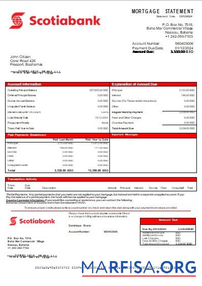 Downloadable Bahamas Scotiabank bank mortgage statement scr sample